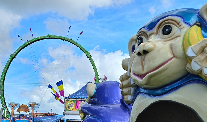 A Monkey Mayhem character gazes toward other rides Friday during the Clay County Agricultural Fair at the fairgrounds in Green Cove Springs.