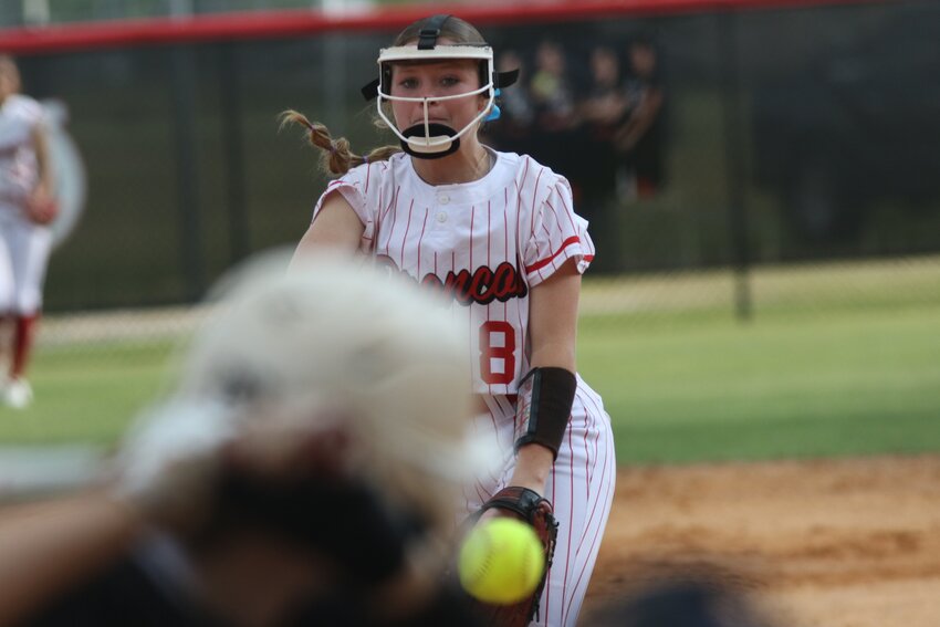 Cloey Ballinger fires away another fastball in no-hit, 7K performance in 5-1 region win over Milton.