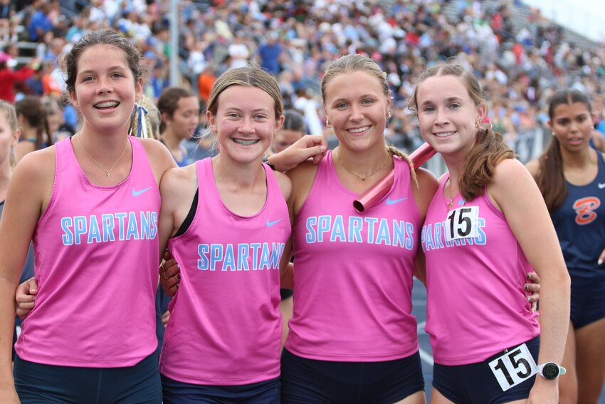 The St. Johns Country Day School girls 4 x 800 relay team; Matilda Morris, Kate Staten, both eighth graders, and Kaitlyn Sunderhaus and Rebecca Stratton, both seniors, had a final race for their two seniors in the Class 1a championships.