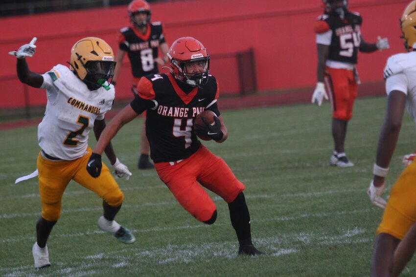 Orange Park wide receiver Brock Aflleje had one of more productive nights for the Raiders offense with a handful of mid-range pass catches.
