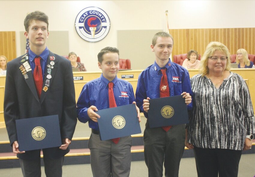 From left, Bobby Baggett, Timothy McKeehan and Greyson Tompkins reeled in major honors for the Schools District&rsquo;s Career and Technical Program&rsquo;s Technology Student Association, placing sixth at nationals. The School Board recognized the three for their achievements last Thursday night.