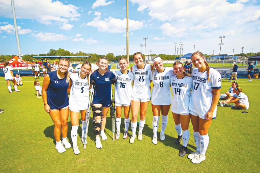 University of North Florida women's soccer has a handful of Clay County talent on its roster with the Lady Ospreys winning a 3-0 game against Austin Peay Sunday. Pictured are, from left, Courtney Allen, Avery Raimonda (SJCDS), Sydney Hauth (FIHS), Brialyn Anderson (Providence), Liz Anne Fogarty (Clay), Bella Pontieri (SJCDS), Lauren Weiss (SJCDS) and Analiese Anderson (Providence). The Anderson sisters and Allen played club soccer at Clay County Soccer.