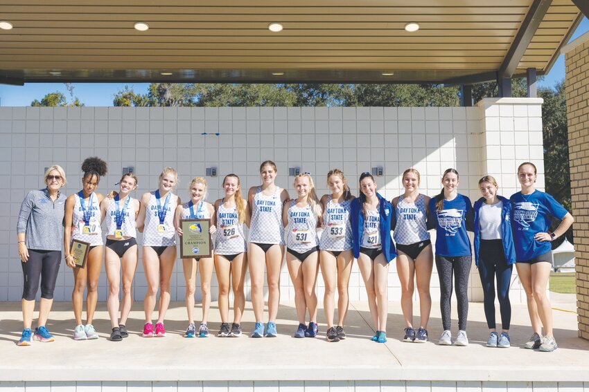 Former Fleming Island and Middleburg high school rivals Lauren Schaudel and Molly Burt, third and fourth from left, are now teammates at Daytona State and were instrumental in the conference title for the cross country team.