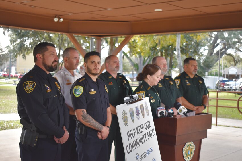 From left, Orange Park Police Department Lt. Cody Monroe, Fire Rescue Acting Chief David Motes, Green Cove Springs Police Department Chief E.J. Guzman, Sheriff&rsquo;s Office Lt. Mike Lane, Sheriff Michelle Cook, CCSO Chief of Special Operations Jeff Johnson and CCSO Patrol and Community Affairs Director David Barnes provided details on Tuesday of how law enforcement will handle traffic and public safety with more than a dozen holiday events on Saturday.