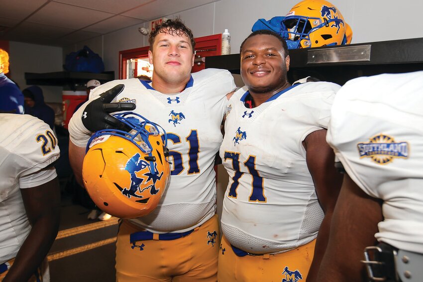 Middleburg High grad Cole LeClair, left, earned a second-team All-Southland Conference choice after a stellar year of the Cowboys offensive line.