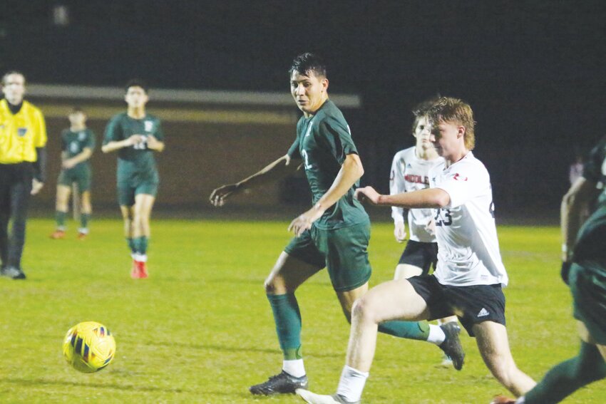 Fleming Island forward Lucas Horvath breaks for right foot shot on goal as one of his four scores in Golden Eagles 8-0 win over Middleburg on Friday.