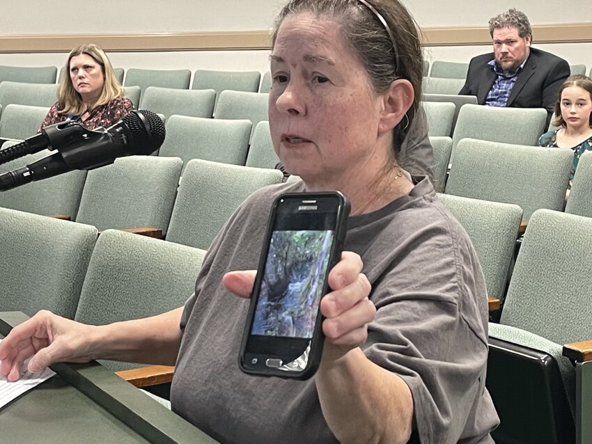 A resident passes her phone to the Board of County Commissioners with a photo of the recent flooding along her property.