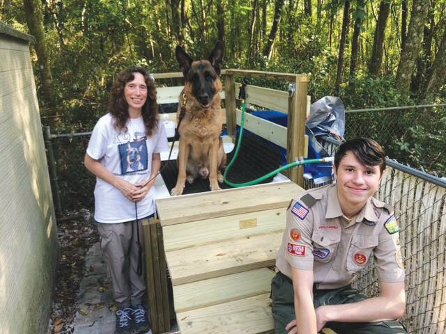 Nolan Hollinger organized a project to build a wash station and walkway at K-9 Services German Shepherd Rescue in Penney Farms. He worked with Assistant Scoutmaster Rob Bomaster, and rescue president Nila Walden-Hughes and her dog, Ben, were thrilled with the final product.