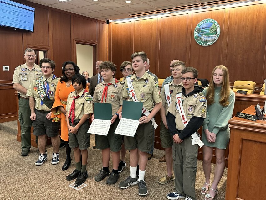Boy Scout troops 577 and 309 received proclamations Tuesday night after they painted 315 fire hydrants in Green Cove Springs.
