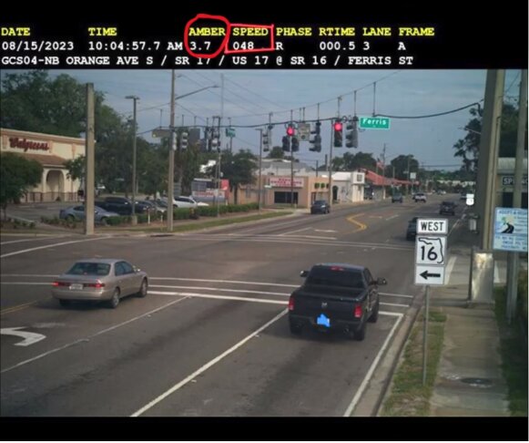 &quot;The screenshot shows how fast (48 mph in a 30 mph zone) the vehicle was going as it ran the red light. It also shows that the amber light was on for 3.7 seconds before turning red,&quot; GCSPD said on its social media.
