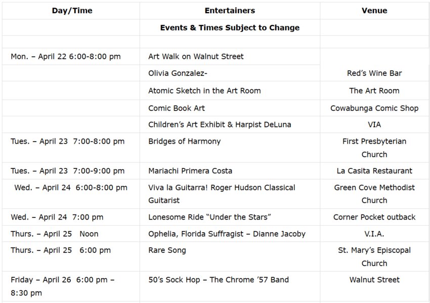 The CalaVida schedule from April 22-26 from its website.