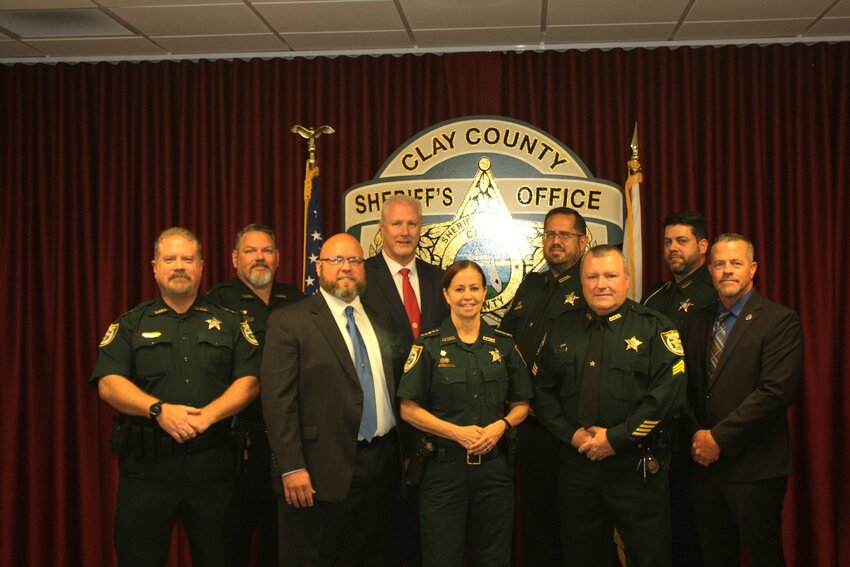The Clay County Sheriff’s Office set its School Safety and Young Programs Department staff ahead of the 2024-25 school year. From left, it will be led by Director Patrick Golemme, Assistant Chief Jeremy Clark, Sgt. Jacob Saunders, Lt. Kenneth Wagner, Sheriff Michelle Cook, Sgt. Michael Campbell, Lt. Michael Kircher, Sgt. Andrew Koeler and Sgt. Mark Romano.