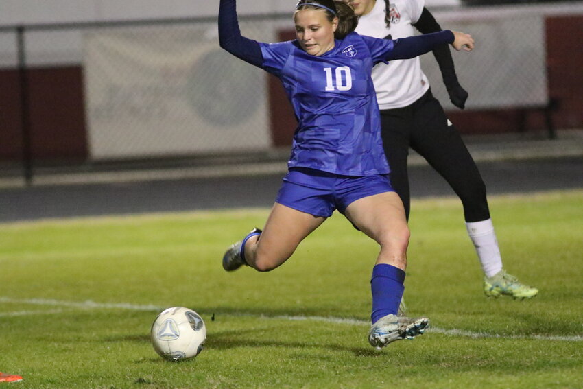 Clay High defender Natalia Versage clears ball in first half action of Blue Devils 6-4 district opener win over Middleburg.