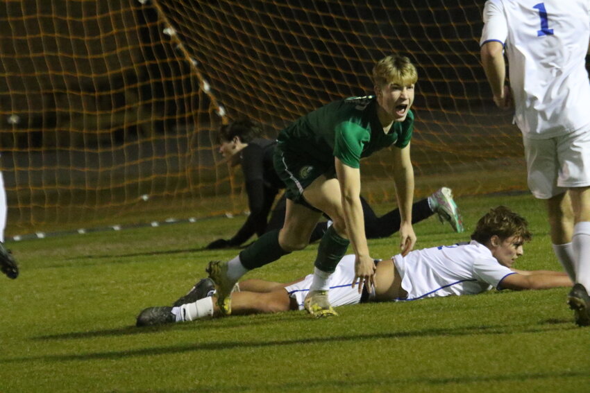 Fleming Island forward Ryker Dailey responds after getting a breakaway first goal for Golden Eagles in 6-0 district final win over Clay.