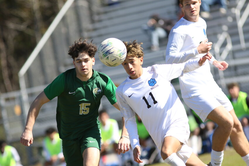 Fleming Island forward Daniel Vizcarrondo moves against Ridgeview defender Justin Orantes in Golden Eagles 7-0 district semifinal win on Saturday. Fleming Island will host Clay in district championship game on Tuesday, January 28.