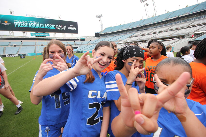 Clay High's flag football girls, here with rusher Lily Kalil fired up for last year's Jaguars Preseason Tournament will open 2025 again at the Jags Preseason Tournament on Friday and Saturday, February 14-15.