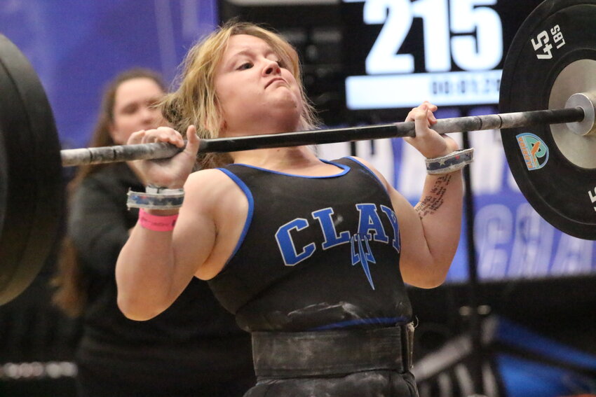 Clay High senior Emma Heck won her fourth straight state title with a state record Olympic Snatch lift of 185 setting a new state record.