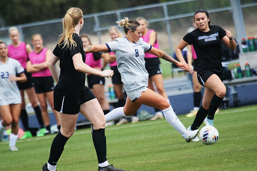 top photo for page Former St. Johns Country Day School soccer standout Bella Pontieri, now at University of North Florida, powered in the first goal of a spring scrimmage with Embry Riddle Aeronautical University of Sunday, February 23 in Jacksonville.
