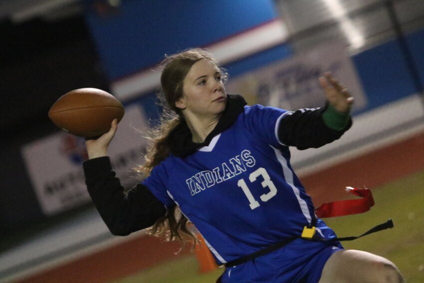 Keystone Heights quarterback Alee Horton slings ball downfield in first half action that saw Orange Park take a 12-0 lead, but the Indians coming back with two second half scores to tie the game, plus an overtime score for an 18-12 win.