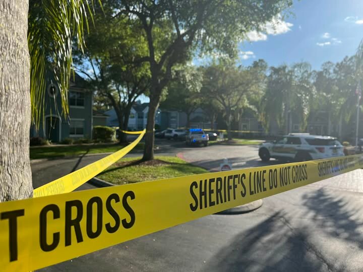 The scene at Cobblestone at Eagle Harbor apartment complex on Tuesday afternoon.