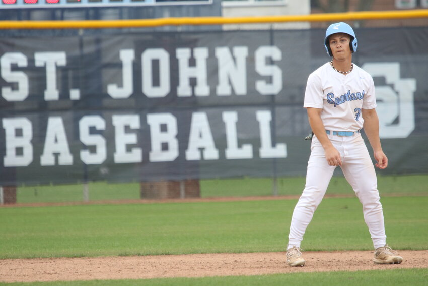 St. Johns Country Day School's Nick Bowden awaits at second base for next hit in Spartans 7-2 win over North Oconee (GA) on Monday, April 7.