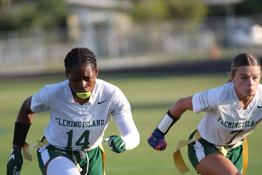 The double rush tandem of Audrey Ellis, left, and Daisy Fletcher was enough to disrupt the high-octane offense of Fletcher High and give the Golden Eagles a 26-0 region playoff win over Fletcher. Fleming Island travels to Chiles in Tallahassee for round two.