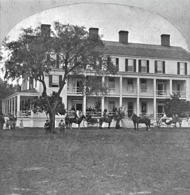 Magnolia Springs Hotel, version 2 in 1869. This is what the hotel looked like during the Reconstruction era. The huge four-story version was built onto this structure later.