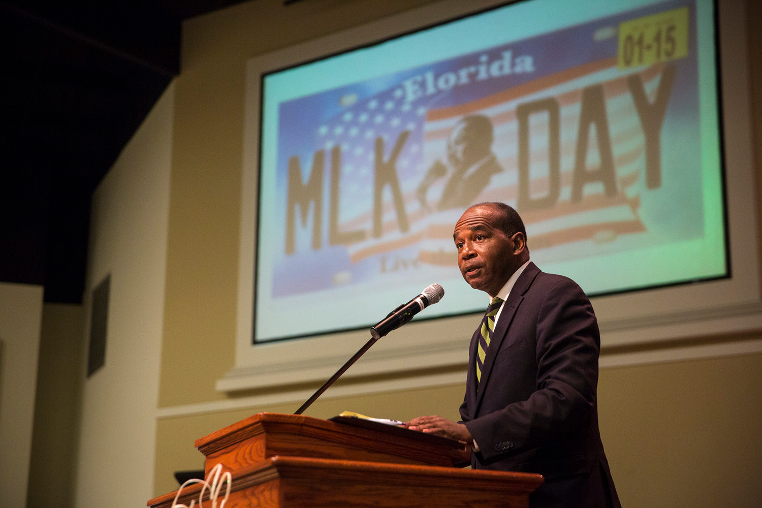 Michael Dobson, president and CEO of The Dream Foundation, speaks Monday morning during the annual MLK Breakfast held each year by St. Simon Baptist Church pastor Bill Randall as part of MLK Day-N-Clay.