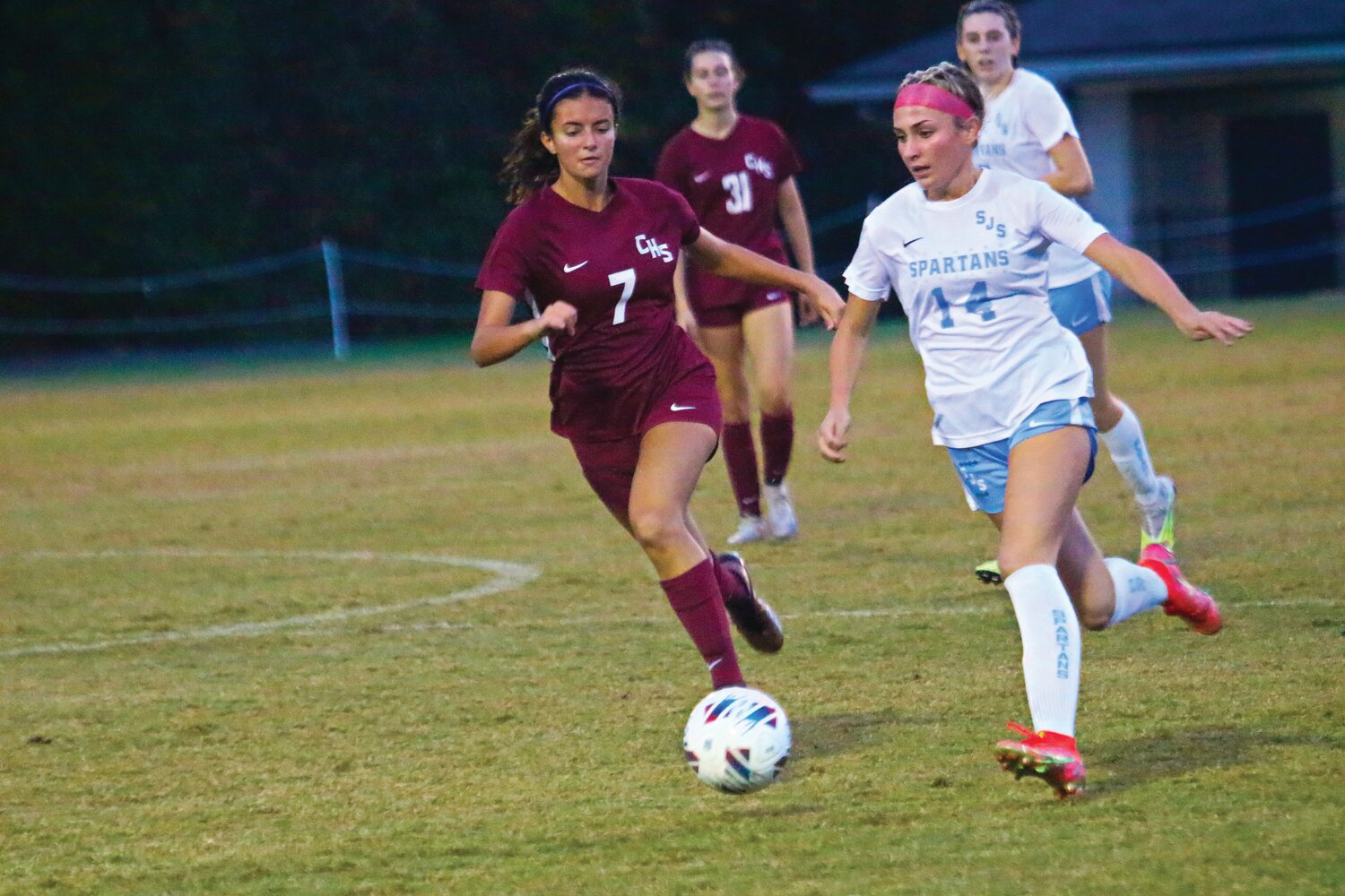 St. Johns Country Day School soccer forward Mia Johnson moves the ball downfield against Chiles.