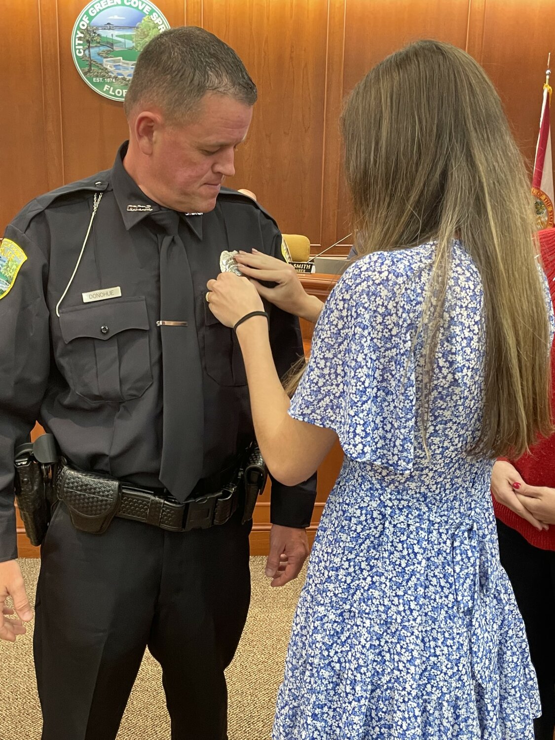 Stephen Donohue was sworn in as a part-time police officer. His daughter pinned his badge on for the first time. Donohue was a recipient of the Medal for Valor during his tenure serving the New York City Police Department.