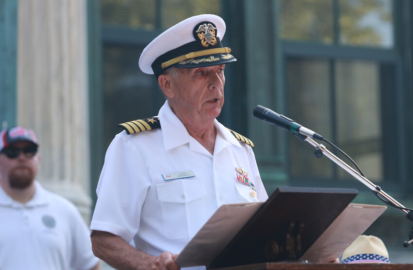 Dick Devault, retired Navy captain, was the Bristol Fourth of July Patriotic Speaker in 2018 (above) and the Hattie Brown Award-winner in 2021. This year, he has the celebration’s highest honor, serving as the 2025 Chief Marshal.