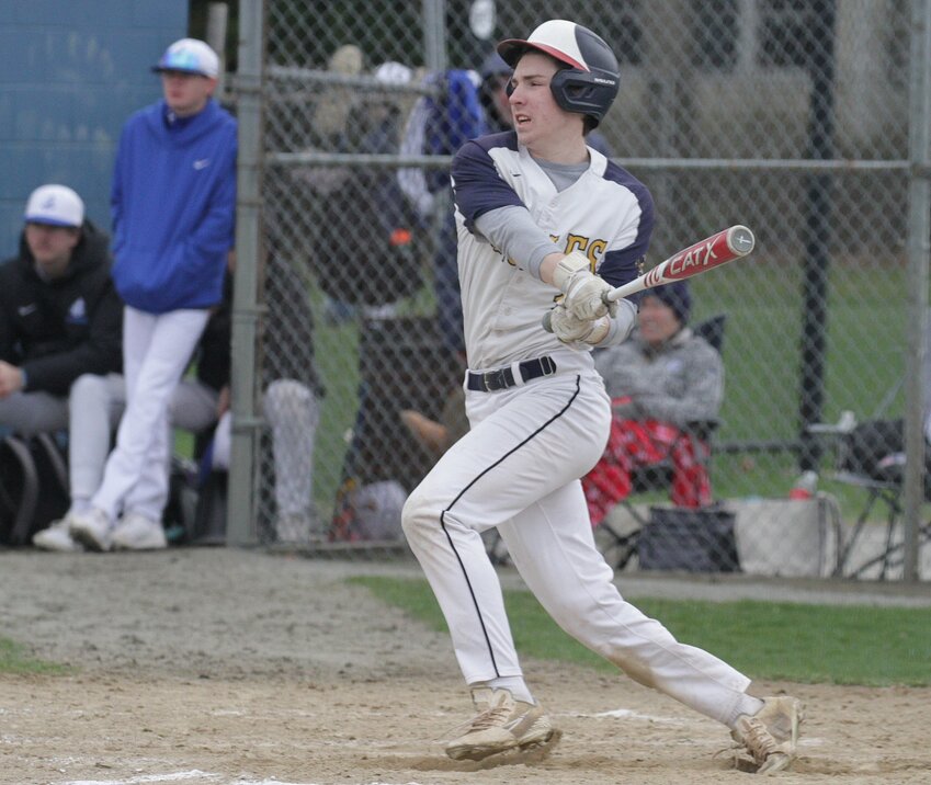Barrington High School’s Lucas Tanous, shown connecting with a Cumberland pitch during a recent game, went 3-for-4 with two doubles in the Eagles' 7-0 win over Moses Brown on Wednesday, April 23.