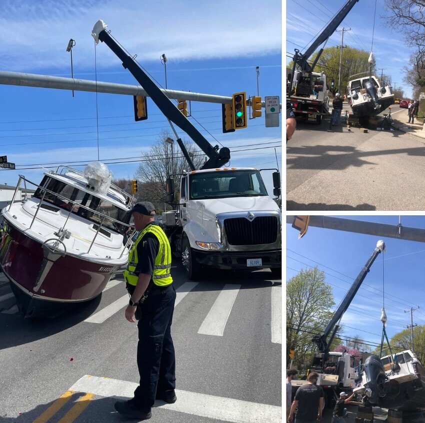 Bristol Police officers were on the scene of an accident involving a vehicle towing a boat on Metacom Avenue Wednesday afternoon, April 23.