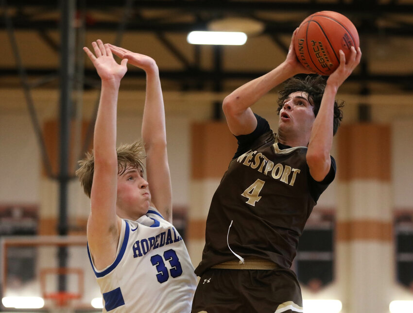 Owen Boudria pops up for a jump shot during the Final Four. He scored a game high 27 points during the 57-56 loss to Hopedale. He was named the Mayflower Athletic Conference MVP and a Dave Cowens Award finalist.
