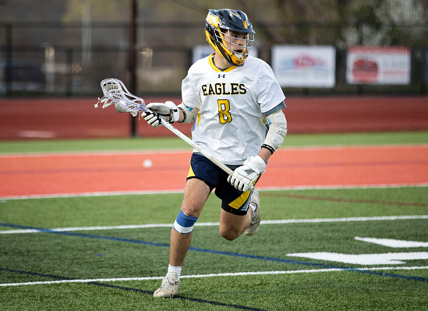 Dylan Edwards, shown in a recent BHS boys lacrosse game, scored two goals in the Eagles' victory over North Kingstown on Monday, May 12.