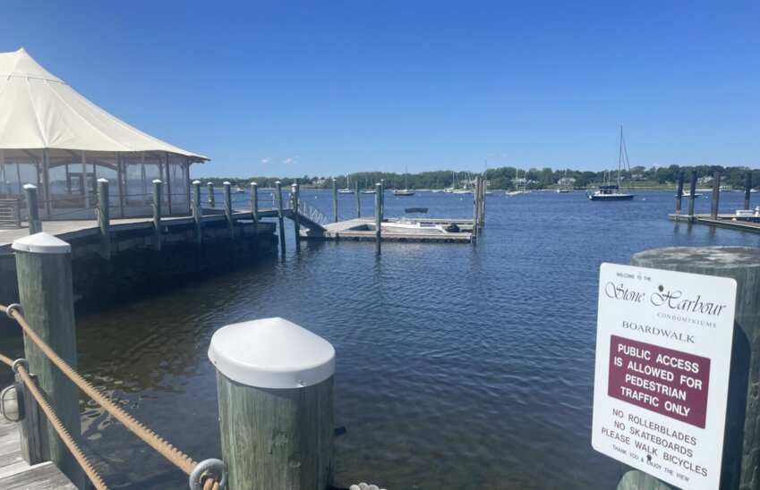 The site of the proposed pool boat, next to the event tent at Thames Street Landing.