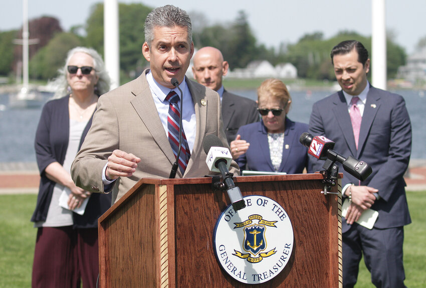 Town Administrator Steve Contente speaks in favor of supporting the passage of the Resilient Rhody Infrastructure Fund Legislation during a gathering at Independence Park on Tuesday morning.