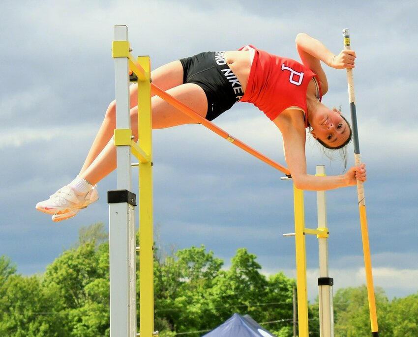 Portsmouth High senior Rowan Snyder came in second in the girls’ pole vault at the Division Championship held Sunday in Barrington. Her best effort was 9 feet, 6 inches.