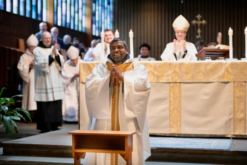 Dom Benedict Sagaya Valan Maria, O.S.B. was ordained to the sacred priesthood earlier this month in the Church of St. Gregory the Great at Portsmouth Abbey School. Originally from the Bay of Bengal region of India and trained as a software engineer, Benedict discerned a call to religious life with the intention of returning to India as a missionary priest. That path, however, led him to Portsmouth Abbey.