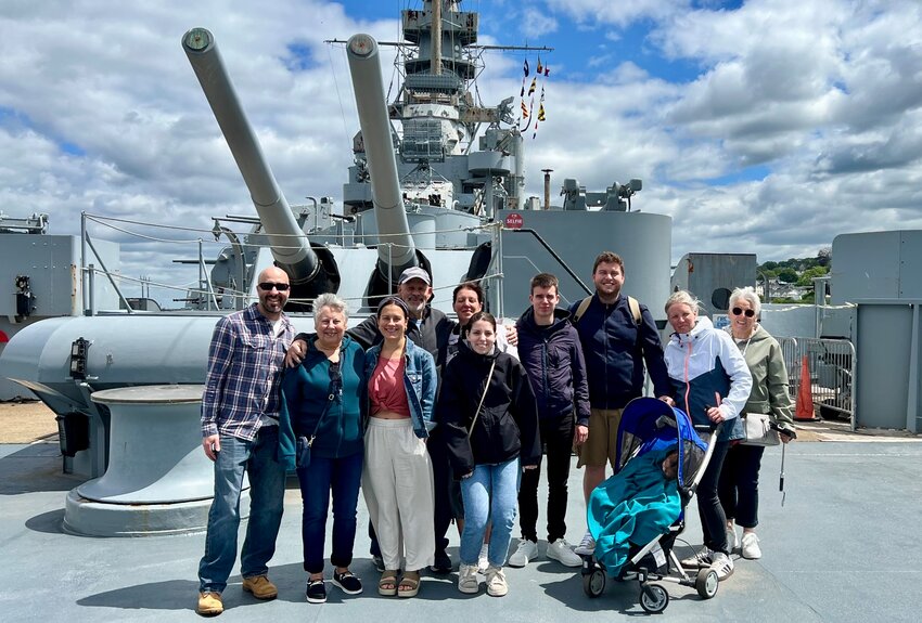 The Dore family and descendants of the four children befriended by Maurice Dore in Normandy, 1944, visited Battleship Cove during their visit last week.