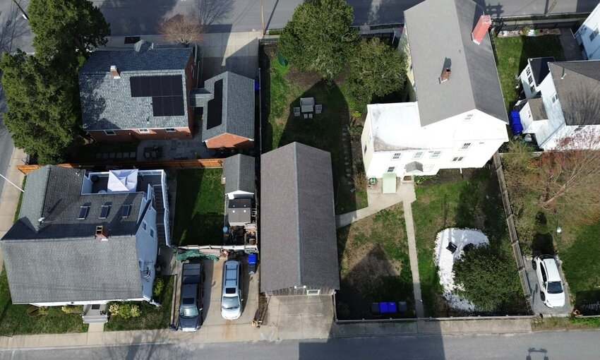 An overhead view of the densely-situated property up for sale in the downtown area of Warren, which is being marketed as location for the potential remodeling of a structure into an accessory dwelling unit, "ADU."