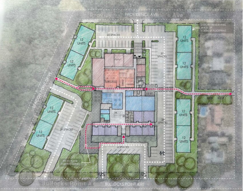A hypothetical site plan shows a concept for including a housing element to help offset rehabilitation costs for the former school. This is not the final design, but a conceptual concept.