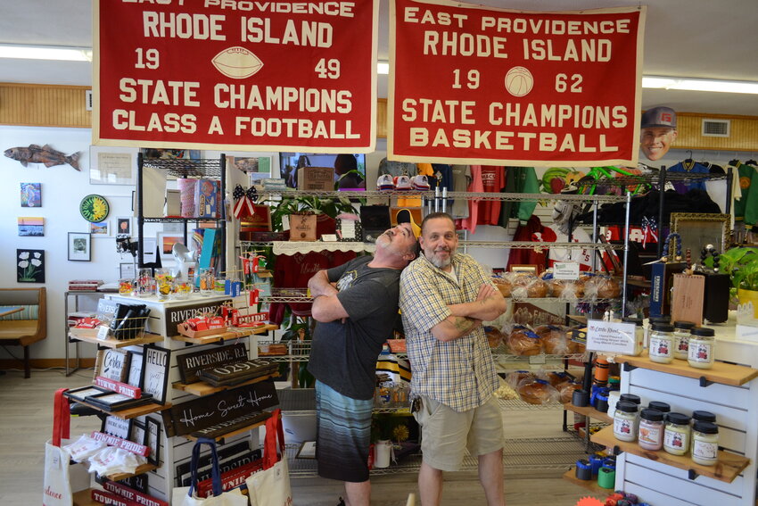 Bill Hurley (left) and Tony Ottone, Jr. pose inside McShortagees Deli in Riverside, the spot formerly occupied by the beloved Schroder's Deli, which opened in May of 2024. The duo now use it as a home base to store vast amounts of beloved Townies artifacts, and record their own podcast with local people of interest.