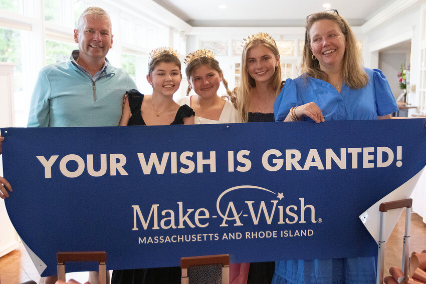 The Make-A-Wish Foundation will send the Kelly family to Greece, granting Nora’s wish request. Pictured are (from left to right) Jared, Nora, Charlotte, Maeve and Katie Kelly during a special event held at Rhode Island Country Club.