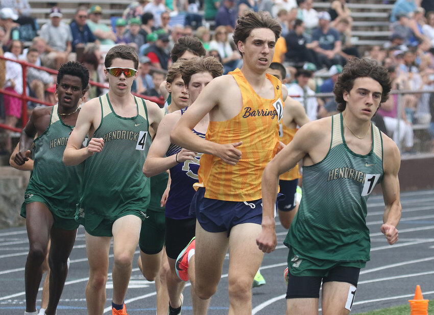 Barrington's Myles Napolitano (second from right), shown competing in the track state championship, set a new school record in the 1,600-meter race at the New England Championships recently.