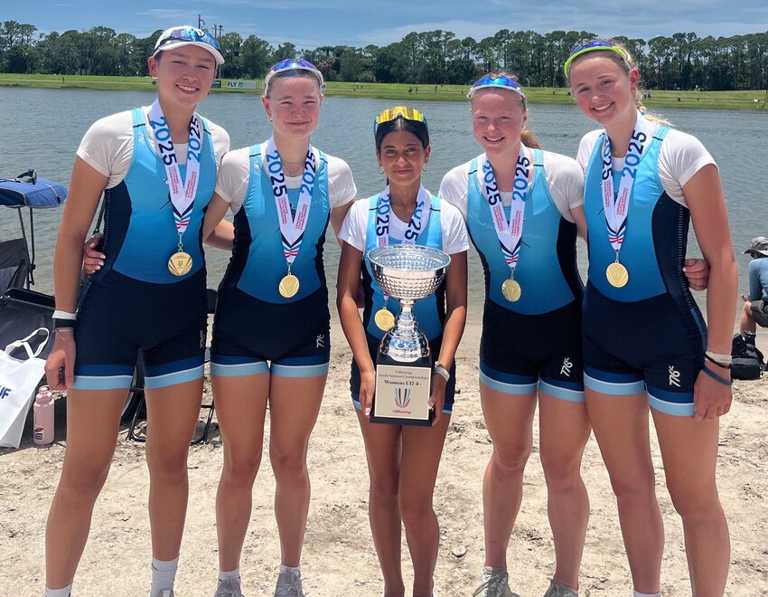 The Narragansett Boat Club’s Women’s Coxed U17 4 team celebrates after winning the title at the 2025 USRowing Youth National Championship. Pictured are (from left to right) Amelia Collins, Maylie Conway, Isabel Guerra, Molly DiGiacomo and Madeline Hardison.