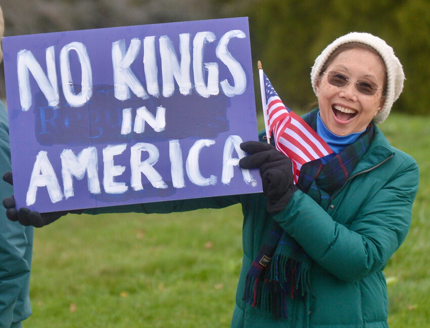 R.I. Sen. Linda Ujifusa of Portsmouth made her feelings about President Trump known through this sign.