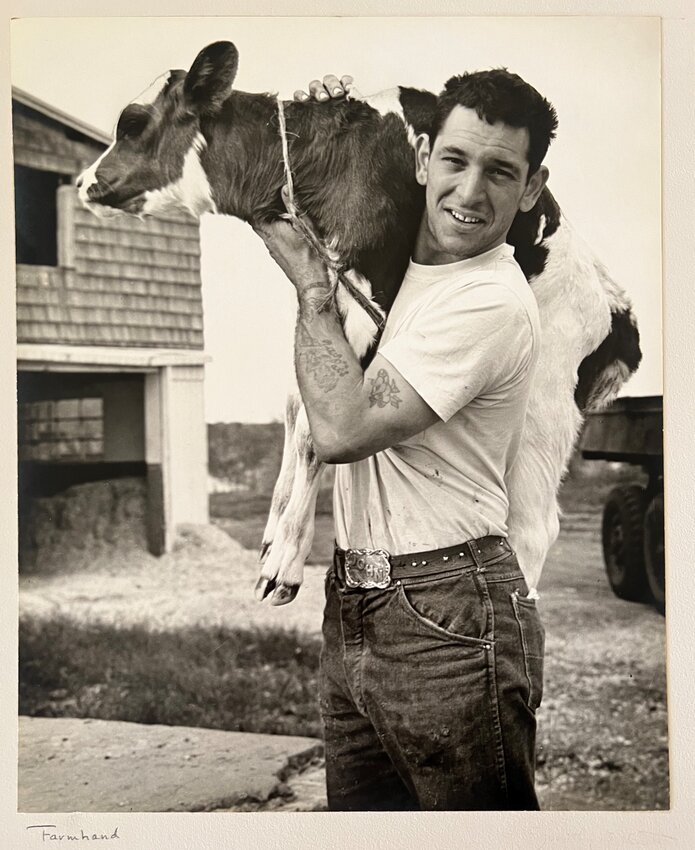 An unknown farmer hoists a calf in a photo only described as “Farmhand”. 