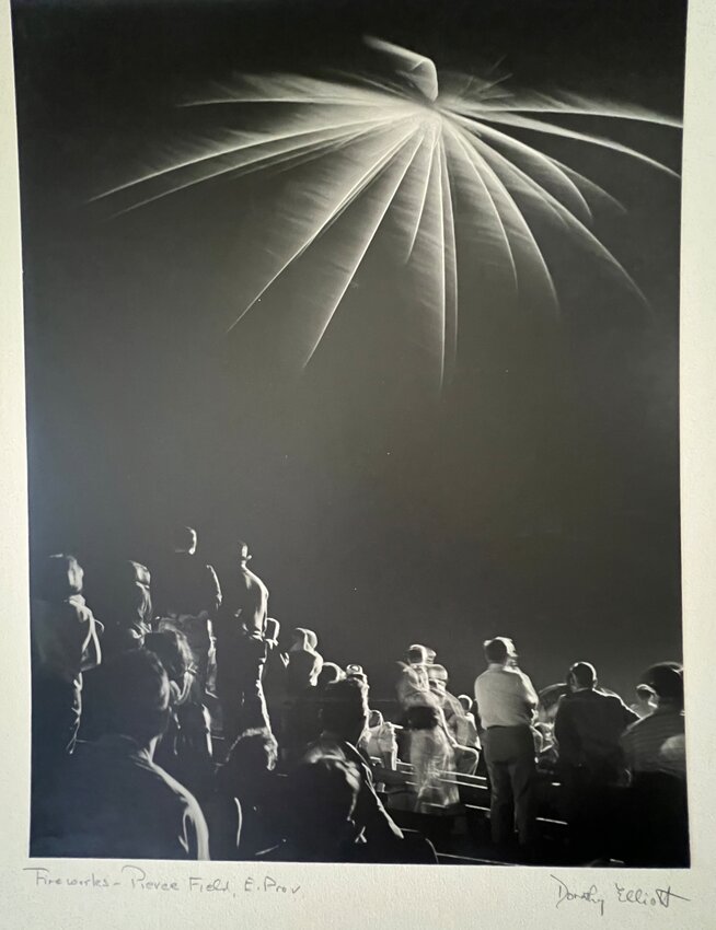 Photographing fireworks at Pierce Field in 1963 was no easy task for someone using a black and white film camera, but Dorothy Elliott managed just fine.