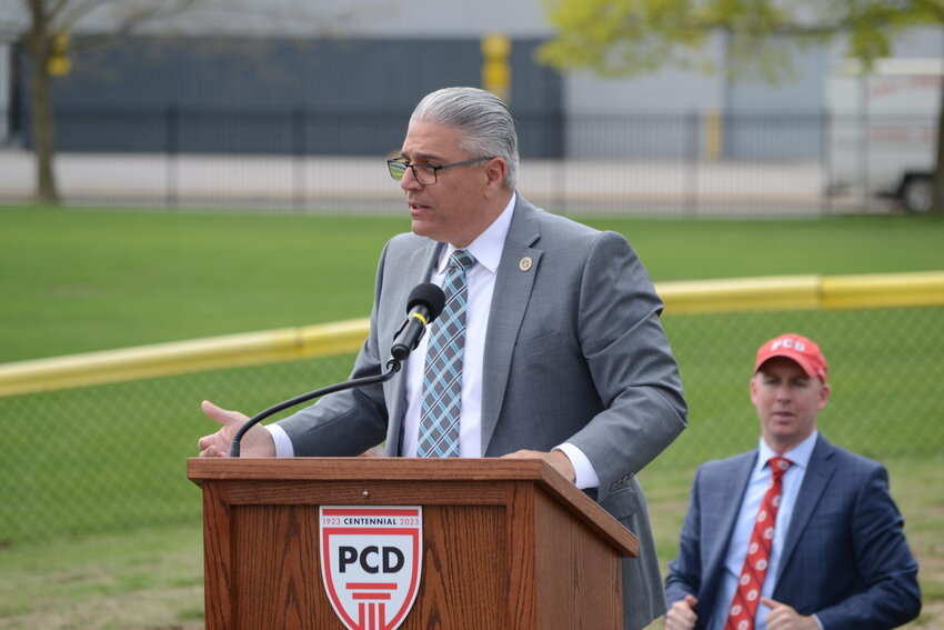 Mayor Bob DaSilva speaks at Providence Country Day on Friday, April 25. Fittingly enough for this story, it was at the state's 138th Arbor Day celebration. DaSilva reasoned that fines for improper recycling are a good tool that benefits the city, and taxpayers, at large.